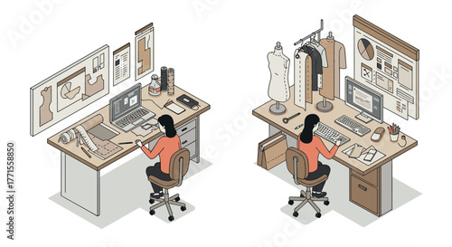 Fashion design workspace in isometric style with designers creating patterns