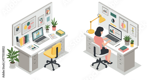 Isometric office workspace with female professional analyzing data at computer desk