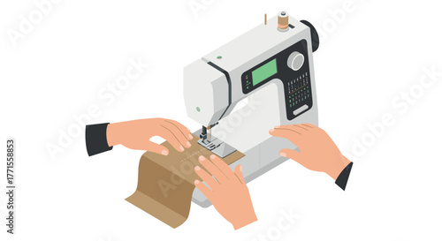 Isometric sewing machine with hands adjusting fabric in workshop setting