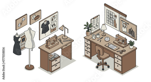 Cozy isometric sewing workshop with fashion mannequins and crafting tools