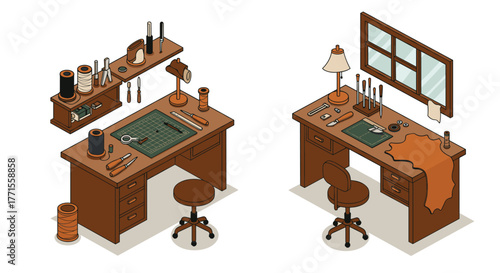 Craft workshop with tools and materials for leatherworking in isometric view