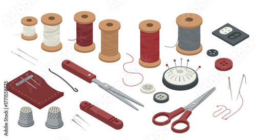 Isometric sewing kit with threads, needles, and accessories for tailoring