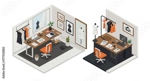 Modern fashion design workspace in isometric view with stylish decor and sewing tools