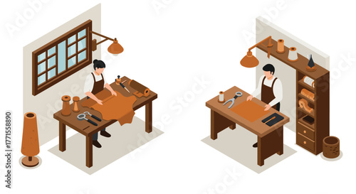 Isometric workshop: crafting leather goods in a cozy studio setting
