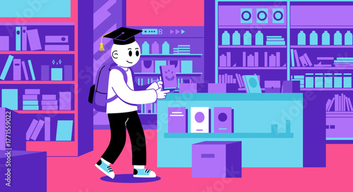 Graduate student walking in modern library with bookshelves around  