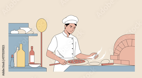 Chef preparing pizza dough in a modern kitchen setting  