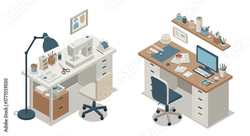 Isometric home office and craft station with sewing machine and computer