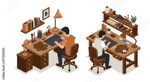 Isometric leathercraft workshop: artisans crafting genuine leather goods in a detailed studio setting