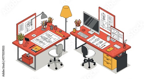 Creative design workspace featuring dual desks in modern isometric style
