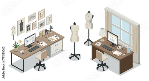 Fashion studio workspace with sewing mannequins and computers in modern isometric design