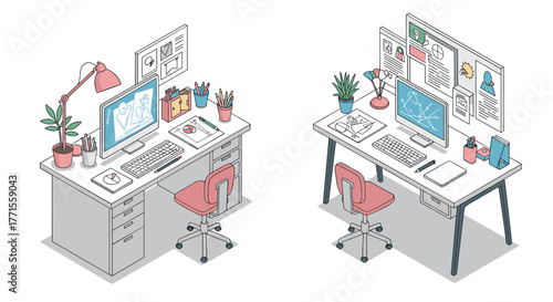Creative workspace comparison: traditional office desk vs. modern digital setup with desktop computers