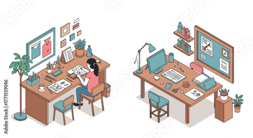 Cozy home office workspace in minimalist isometric design with creative desk setup