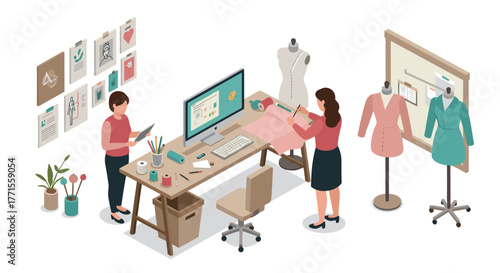 Creative fashion design studio with designers working on sewing projects