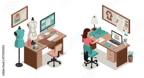 Fashion designer workspace set with sewing tools and creative office elements in isometric style
