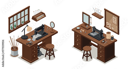 Isometric sewing workshop with vintage desks and tailoring tools