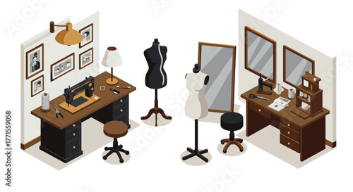 Isometric tailor workshop with sewing machines and dress forms