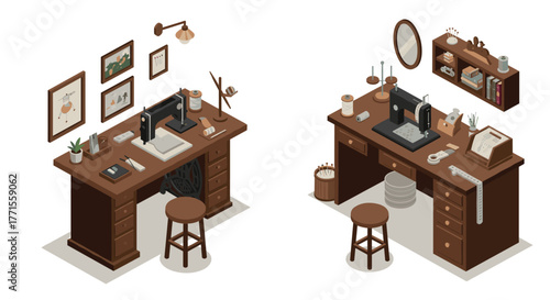 Isometric sewing rooms with vintage decor and craft tools