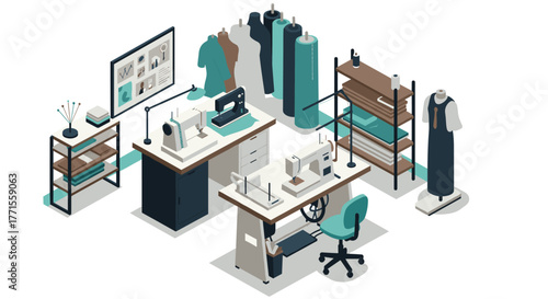 Modern sewing studio design with equipment and apparel in isometric style
