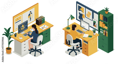Modern home office setup with people working at desks in an isometric style