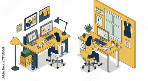 Isometric office workspace with women: home office design and productivity