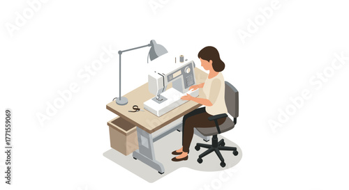 Isometric home sewing workspace with sewing machine, desk, lamp and woman seamstress