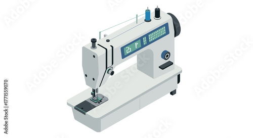 Modern sewing machine in isometric style with digital display