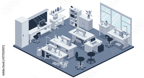 Isometric sewing workshop interior with sewing machines and workstations