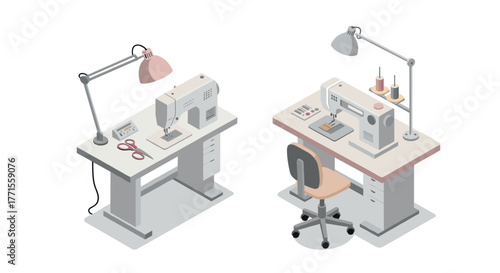 Isometric sewing stations with machines and accessories for creative spaces