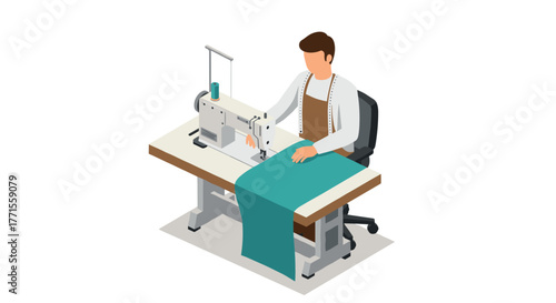 Isometric seamstress at work with sewing machine in modern tailoring studio