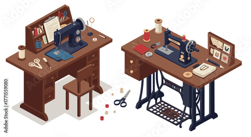 Vintage sewing machines on wooden desks in cozy workshop isometric