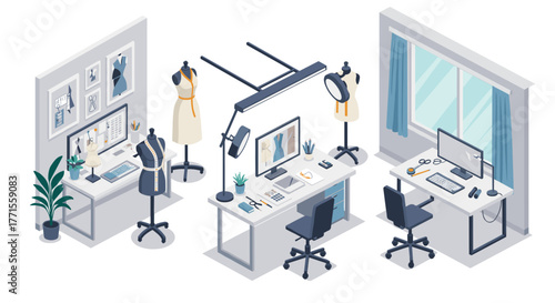 Isometric fashion design studio with sewing workspace and modern office setup