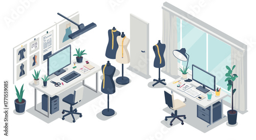 Fashion design studio workspace with sewing mannequins in modern isometric style