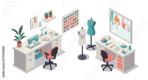 Isometric sewing room with sewing machines, mannequins, and craft supplies
