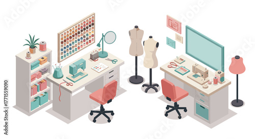 Fashion designer workspace isometric art with sewing machine and mannequins