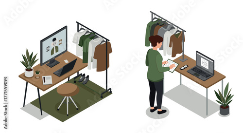 Home office and workspace with clothing rack in isometric design