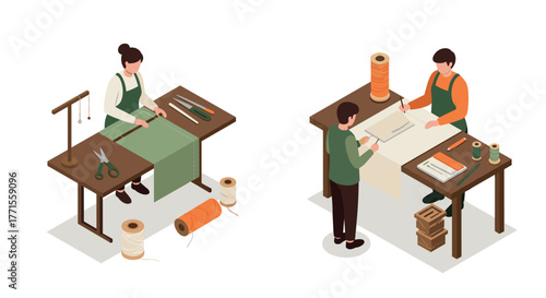 Isometric tailoring workshop with artisans crafting at workbenches