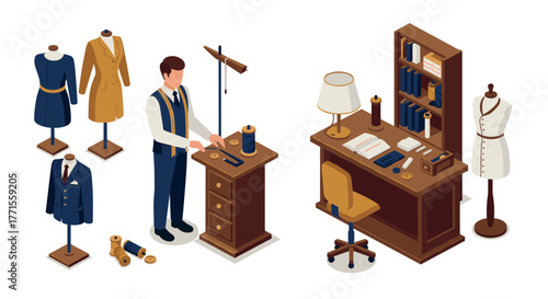 Tailor in modern studio with clothes on mannequins and organized workspace