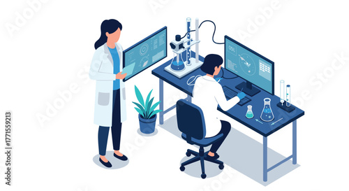 Modern laboratory research: scientists analyzing data with advanced technology