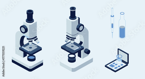 Isometric microscopes with laboratory tools in minimalist design