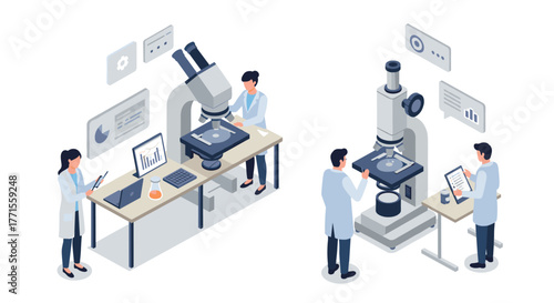 Scientists analyzing data and samples using modern microscopes in laboratory setting