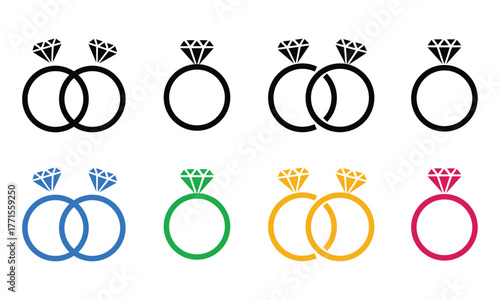 Wedding ring set icon. Jewelry and marriage ring vector. Diamond engagement ring icon. Engagement or marriage ring, expensive jewelry. Vector Illustration
