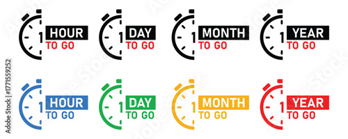 1 hour, 1 day, 1 week, 1 month, 1 year to go icon, Countdown clock icon for hour, day, month, and year remaining, Last countdown icon set, 1 hour, day, week, month, and year to go icons