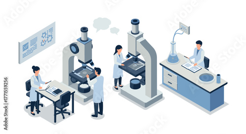 Laboratory research scene with scientists and advanced microscopes in isometric design