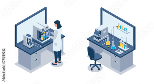 Isometric laboratory setup with scientist conducting experiments