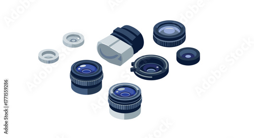 Detailed camera lenses in isometric view with blue elements for technology design