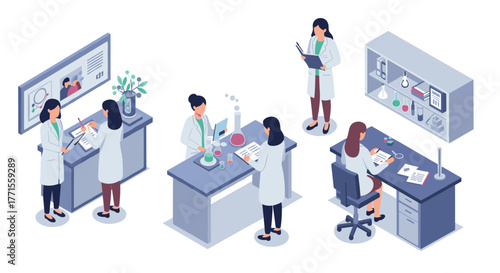 Women scientists in laboratory: collaborative research in modern isometric style