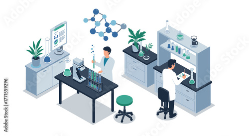 Isometric science lab with researchers, equipment, and chemical experiments