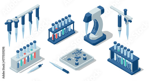 Isometric lab equipment set with pipettes and test tubes for modern science