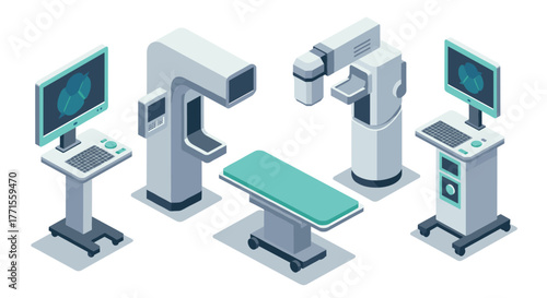 Medical equipment in isometric design featuring modern imaging and examination technology