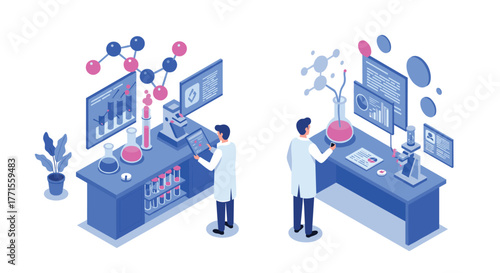 Isometric science laboratory with chemists analyzing data and conducting experiments